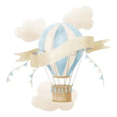 a blue and white hot air balloon flying through the sky with ribbon on it's side