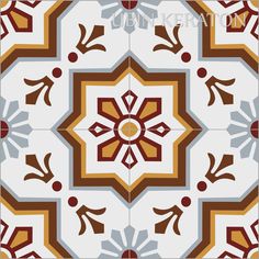 a close up of a tile design with red and yellow accents on it's surface