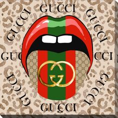 the gucci logo is on top of a leopard - print background with an open mouth