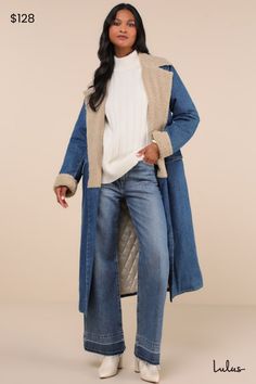 Colder days call for attention-worthy 'fits styled with the Lulus Superb Statement Medium Wash Denim Shearling Trench Coat! Sturdy cotton denim shapes this fabulous coat that features a collared neckline with notched lapels and long sleeves with rolled cuffs, both adorned with faux fur shearling trim. Functional front flap pockets, belt loops, and a removable sash belt accent the longline silhouette, while sleek quilted lining creates an extra-cozy finish! Fit: This garment fits true to size. Le Chic Medium Wash Winter Outerwear, Medium Wash Outerwear For Winter Workwear, Winter Workwear Outerwear In Medium Wash, Medium Wash Winter Workwear Outerwear, Denim Outerwear With Faux Fur Trim For Fall, Long Sleeve Denim Outerwear With Belt Loops, Chic Denim Winter Outerwear, Winter Denim Long Coat, Fall Denim Outerwear With Faux Fur Trim