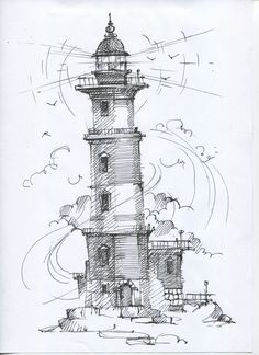 a drawing of a lighthouse in the ocean