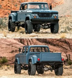 two pictures of the same truck in different stages of being painted blue and black, one is