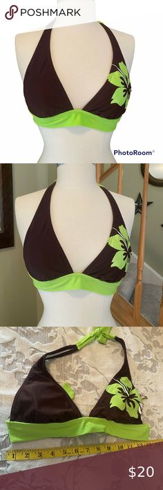 hobie bikini top size small brown lime green hibiscus flower glitter halter tie Hibiscus Halter Top, Hibiscus Bathing Suit, Hibiscus Swimsuit, Green Hibiscus Flower, Flower Bathing Suits, Vision Board Future, Mix Match Fashion, Hibiscus Shirt, Green Hibiscus