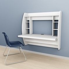 a white desk with a chair next to it and a wall mounted shelf above it