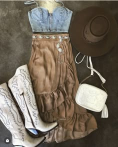 Southwestern Boho Outfits, Cowgirl Winery Outfit, Rodeo Inspired Outfits, Hot Western Outfits, Graduation Outfit Ideas Western, Western Barbie Outfit, Dixie Chicks Concert Outfit, Western Wedding Guest, Cowgirl Style Outfits Summer