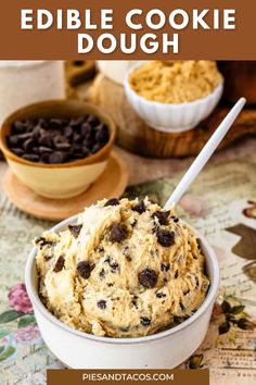 a bowl filled with cookie dough next to two bowls full of cookies and chocolate chips