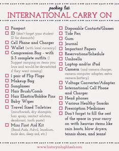 a printable travel checklist for the international carry on