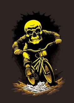 a skeleton riding a bike with water splashing on it's face and the words,