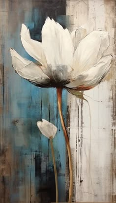 a painting of a white flower on a blue background