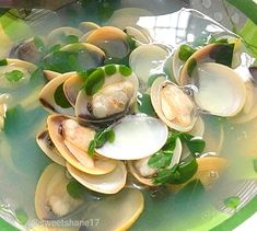 a bowl filled with clams and greens in broth