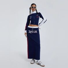 Jaded London Sporty Sport Blue Red And White Side Stripe Blueprint Jersey Track Zipper Jacket And Blueprint Jersey Maxi Skirt With Drawstring Toggle 2 Piece Matching Set Brand New Never Worn! Jacket Size S Skirt Size S Sold Out On The Jaded Ldn Website + Never Restocking Rare Waist On Skirt Is An Adjustable Drawstring Toggle! Can Only Be Bought As A Set! Jaded London Cargo Skirt, Jaded London Knit Dress, Sweatsuit Skirt Set, Jaded London Umbra, Jaded Ldn, Basketball Jersey Outfit, Sports Streetwear, Jersey Maxi Skirt, Matching Tracksuit