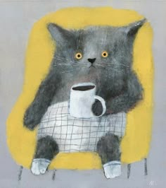 a painting of a cat holding a coffee cup