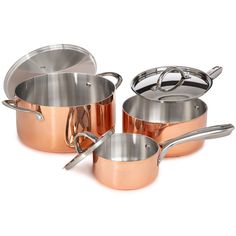 three pots and two pans with lids