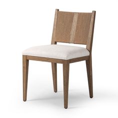 a wooden chair with white upholstered fabric on the seat and backrests