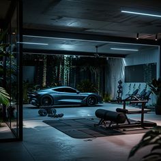 a sports car is parked in the garage next to an exercise bench and gym equipment