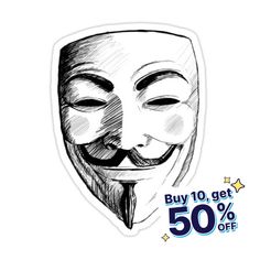 a sticker with the words buy 10 get 50 % off on it and an image of a guy wearing a mask