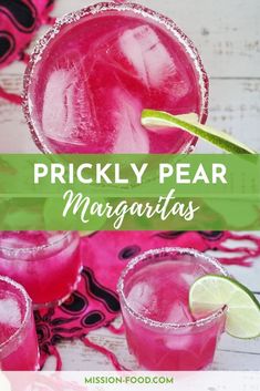 two pink margaritas with lime slices on the rim and text overlay that reads prickly pear margaritas