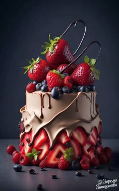 a chocolate cake with strawberries and blueberries on top