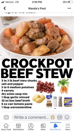 an ad for crockpot beef stew is shown on the phone screen, and it's full of ingredients