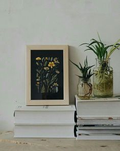 two vases filled with flowers sitting on top of books next to eachother