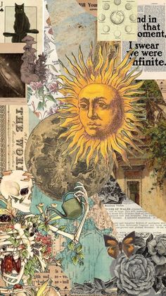 altered collage with sun, moon and other things in the background that include flowers