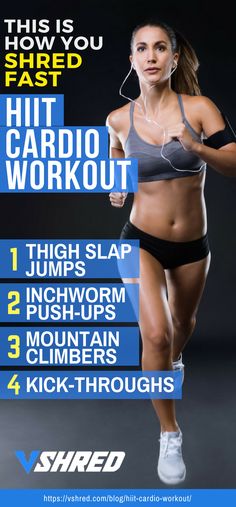 a woman running with headphones on her ears and the words hiit cardio workout