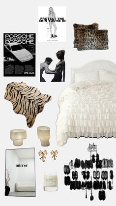 a bed room with a neatly made bed and animal print decor on the wall next to it