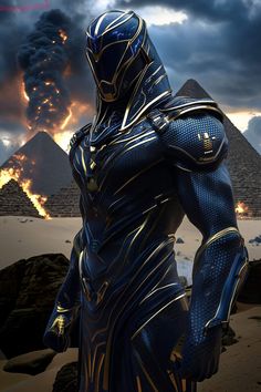 a man dressed in blue and gold standing in front of pyramids with fire coming out of the sky