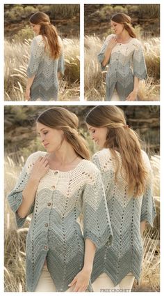 a woman is standing in the grass wearing a knitted sweater