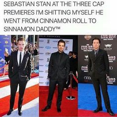 three pictures of men in suits and ties on the red carpet