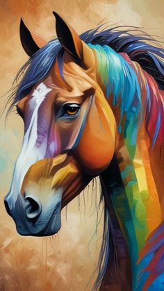 a painting of a horse with multicolored manes