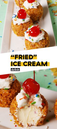 fried ice cream with cherries and whipped cream