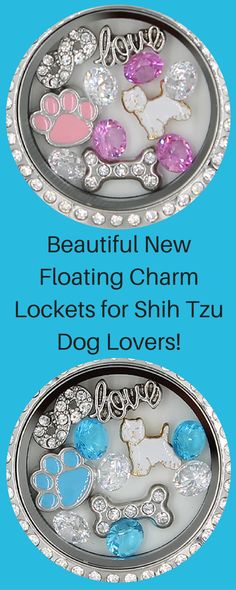 two metal trays with different designs on them and the words beautiful new floating charm lockes for shih tzu dog lovers