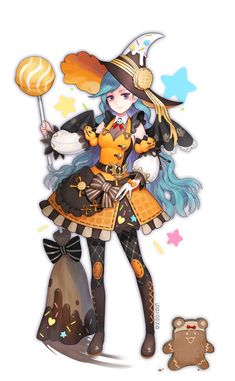 an anime character with long hair holding a lollipop in one hand and a stuffed animal on the other