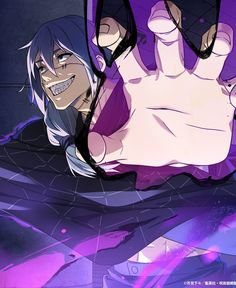 an anime character holding his hand up in front of the camera with purple paint on it