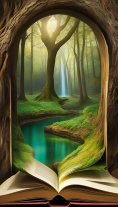 an open book with the image of a forest and waterfall in it, on top of a