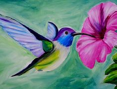 a painting of a hummingbird flying next to a pink flower on a green background