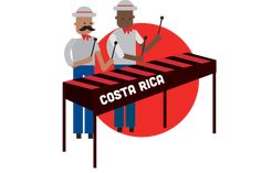 two men are standing at a table with microphones in front of them and the words costa rica on it