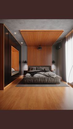 a large bed sitting in the middle of a bedroom next to a wooden wall and floor