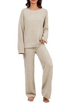 PRICES MAY VARY. Material: Made from soft, stretchy fleece knit fabric, this pajama set feels like a cozy hug, soft like sleeping on clouds. The fluffy material ensures maximum comfort and warmth Features: This lounge wear for women comes with crew neck, long sleeves, drawstring waistband. Two-piece set design make this fluffy pj set for women more versatile to match with different tops or buttoms seperatly as you need. Classic Design：The pullover knit tops and fluffy pj pants are warm and comfy Beige Bottoms For Winter Loungewear, Cream Pants For Loungewear In Fall, Cream Pants For Winter Loungewear, Cozy Super Soft Pants For Lounging, Soft Knit Bottoms For Winter Loungewear, Winter Soft Knit Bottoms For Loungewear, Soft Texture Bottoms For Loungewear In Fall, Soft Texture Bottoms For Fall Loungewear, Cream Pants For Fall Loungewear