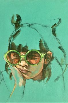 a painting of a woman wearing green glasses