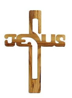 a wooden cross with the word jesus on it