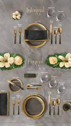 an image of a table setting with gold and silver plates, knives, spoons, forks