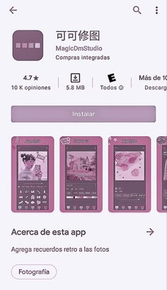 an advertisement for a pink cell phone with pictures on the front and back side, in spanish