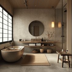 a bath room with a large tub sitting next to a sink and a mirror on the wall