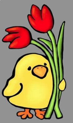 a yellow bird with red flowers in it's beak