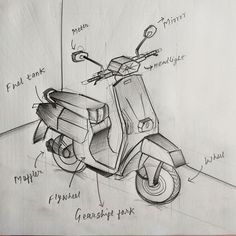 a drawing of a scooter with parts labeled on it's front wheel