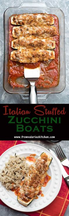 stuffed zucchini boats in a casserole dish with rice and tomato sauce