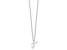 Rhodium over sterling silver polished finish letter "T" initial necklace with 18-inch long cable chain and lobster claw clasp. Pendant measures approximately 7/16"L x 3/8"W. T Initial Necklace, T Necklace, T Initial, Initial Necklace Silver, Broken Chain, Letter T, Vanessa Hudgens, Initial Pendant, Necklace Silver