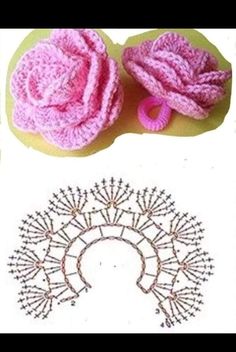 two crocheted items are shown next to each other, including a pink rose